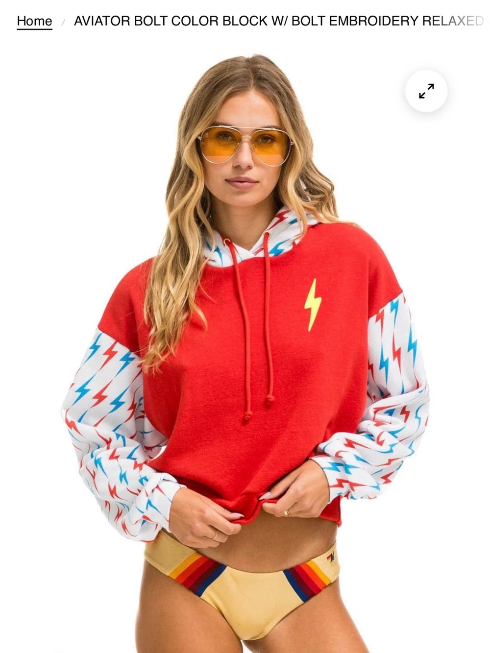 Aviator Nation Red Colorblock Hoodie with Lightning Bolt